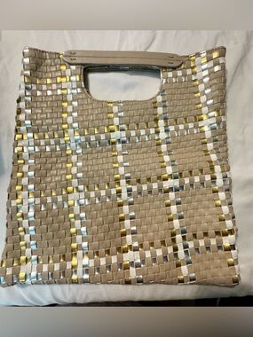 Deux Lux Woven Tote in Taupe with Gold and Silver Accents